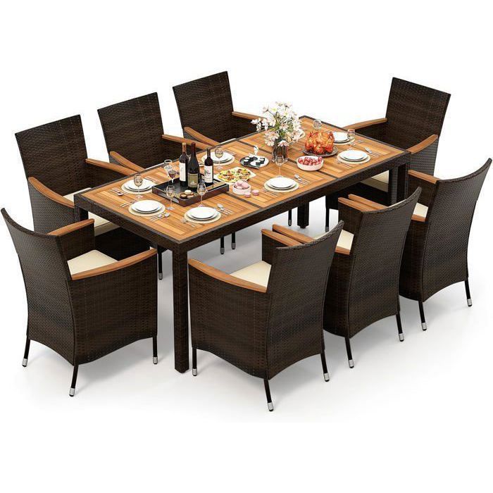 COSTWAY Ensembles Salon de Jardin en Rotin 8 Places 1 Table et 8 Chaises Empilables en Bois dAcacia Coussins Amovibles Noir