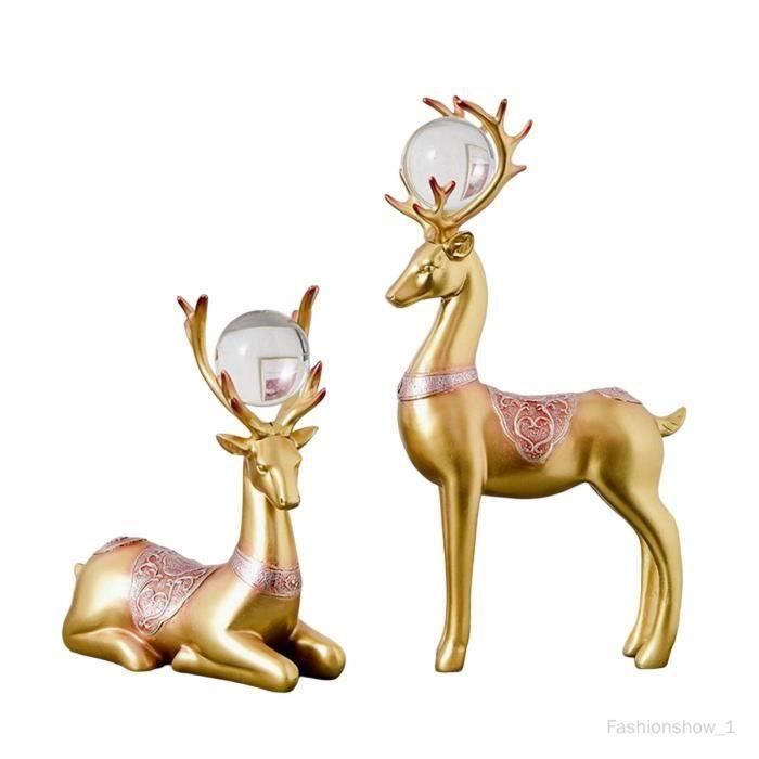 Lot 2 Figurines Rennes Dorés Résine - Décoration Bureau Ou Intérieur, Cerfs Assis Et Debout