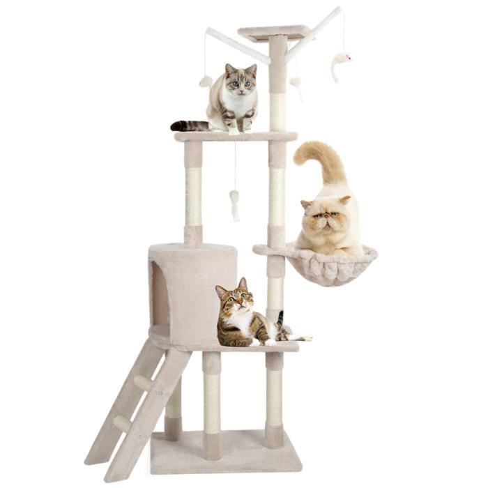 Comparer les prix de JAJALUYA Arbre à chat 30*55*95cm - 3 plateformes, 1 perchoir, 1 niche, 1 escalier, poteaux à griffer- Beige