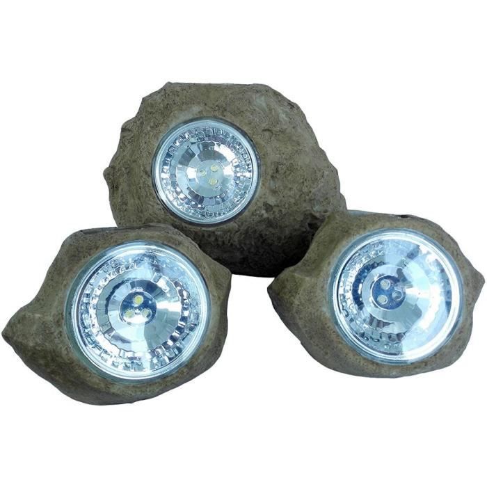 Lot de 3 rochers solaires de jardin à poser - LUMISKY - ROCKY BROWN - 14 et 9 cm - Balisage - LED blanc