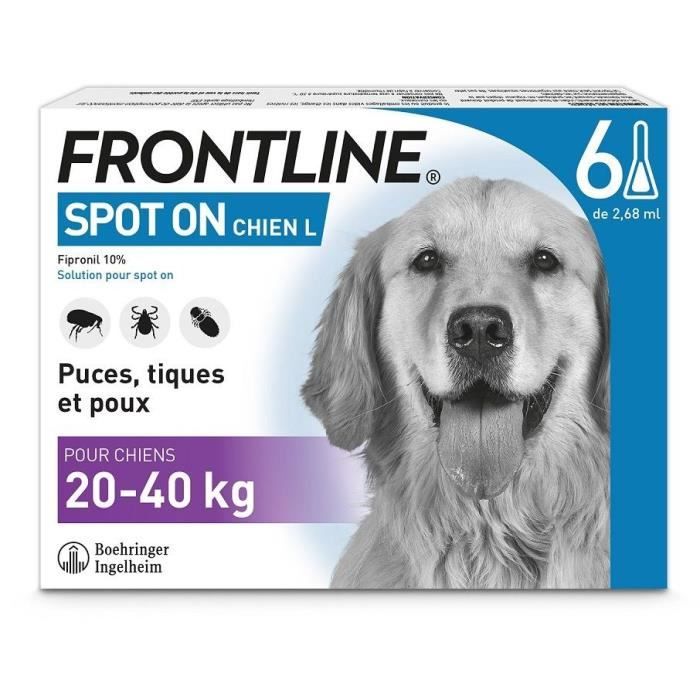 FRONTLINE Spot On Chien L - 20 à 40 kg - 6 pipettes- Puces tiques et poux