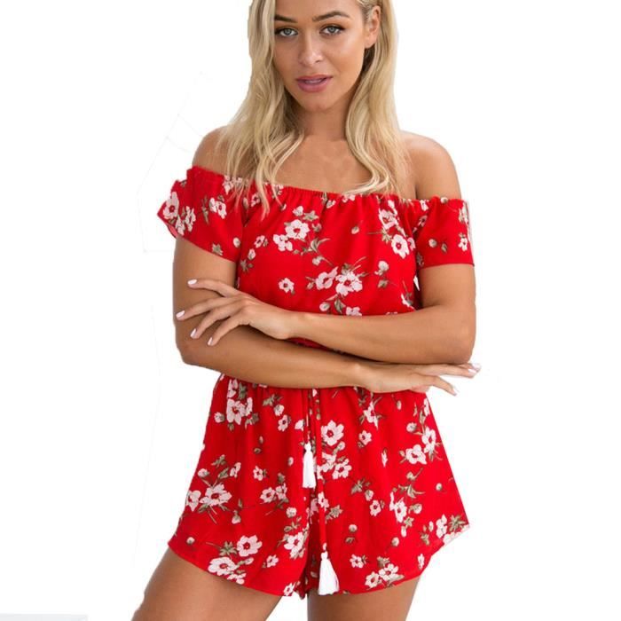 Femme Combishort Casual Romper Jumpsuit Bodysuit Col V Et/é Plage Combinaison Short Courte Manches avec Poche Playsuit