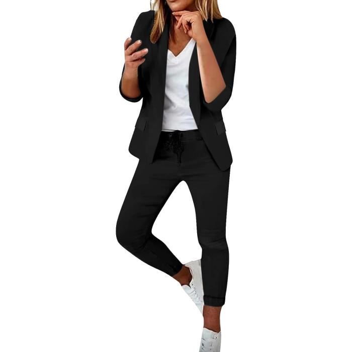 Tailleur Femme 2 PiCes Slim Couleur Unie Mode Blazer Manche Longue Col Revers Veste Manteau Ensemble Pantalon Taille Haute noir