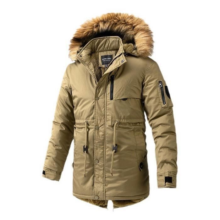Parka Homme Hiver Capuche Fausse Fourrure Veste Mi-Longue Chaude