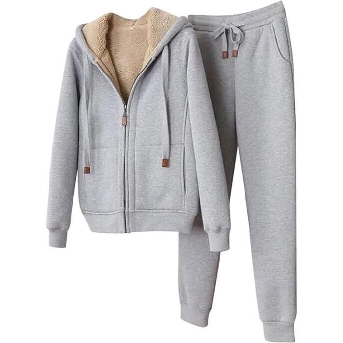 Ensemble de Jogging pour Femme Survetement Combinaison de Sport Veste D hiver Sweat a Capuche Zippe et Pantalon de Jogging Gris