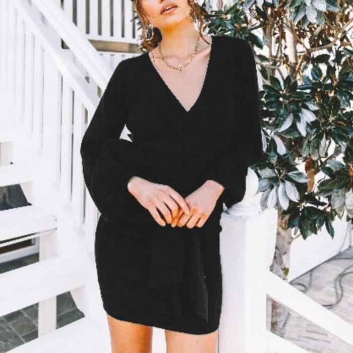 Robe noir col v manches longues clearance