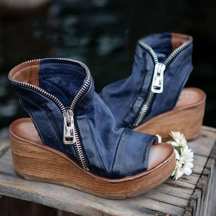 2021 nouvelles sandales compensees a talons hauts d ete avec des sandales a semelles epaisses Bleu Bleu Cdiscount Chaussures