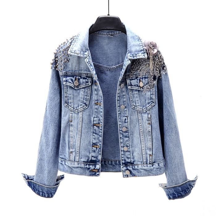 Veste Jeans Femme Freebily | Blouson Denim Motard Vintage Boutonné Poches Taille M-5XL