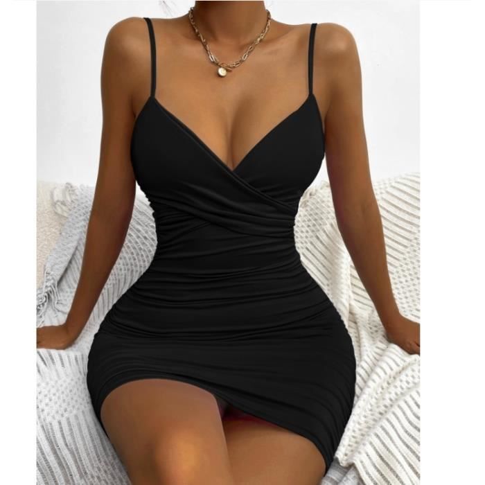 Femmes Robe Moulante Sans Manches Avec Bretelles Spaghetti Robe De Club Ruchee Taille Elastique Noir XS Noir Cdiscount Pret a Porter