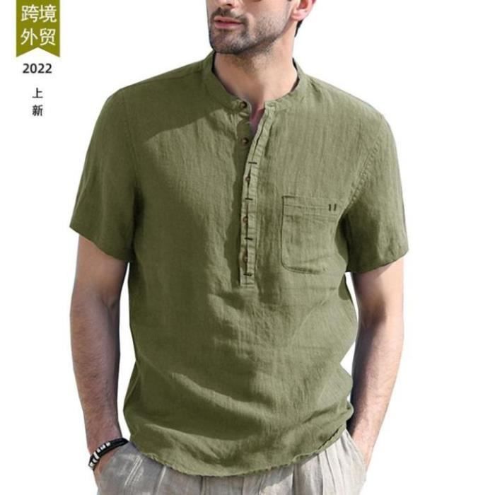 Générique Chemise Lin Homme Solid,Henley Shirts Pour Homme Casual Manches Longues été Chemises De Plage Col Mao Bouton Tee Shirt Simple Pour Le Travail Quotidien Et Les Sorties Détente