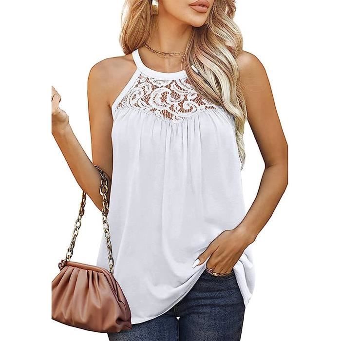 Tunique t shirt d ete femme top sans manches col rond dos ouvert dentelle decollete plisse Blanc