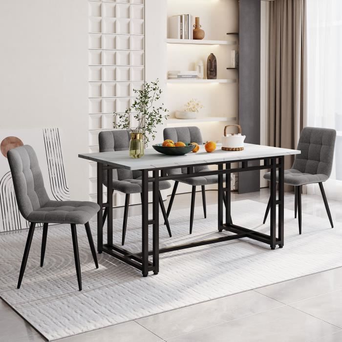 table à manger blanc 140 x 80 cm avec 4 chaises en velours gris, table à pieds en fer noir