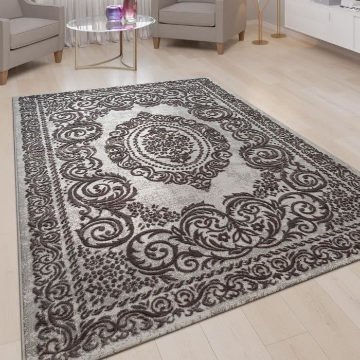 tapis de salon a poils ras aspect 3d ornements bordure motif oriental en gris 120x170 cm achat vente tapis cdiscount
