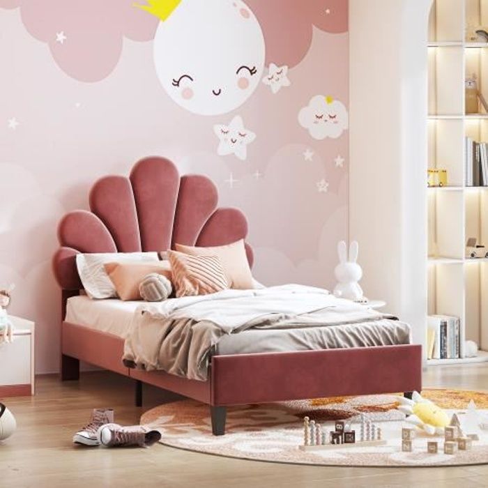 Hot】Lit rembourré pour enfant 90 x 200, lit pour fille en velours doux pour  la peau avec tête de lit florale et sommier à lattes - Cdiscount Maison