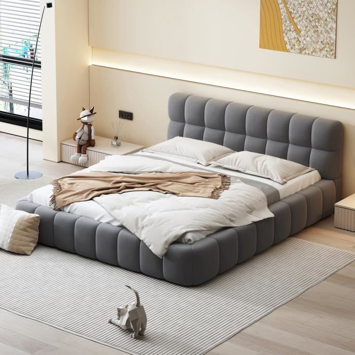 Lit Coffre 140x190 Avec Tiroirs, Tête De Lit LED Et USB - Gris, Moderne, Rangement Intégré