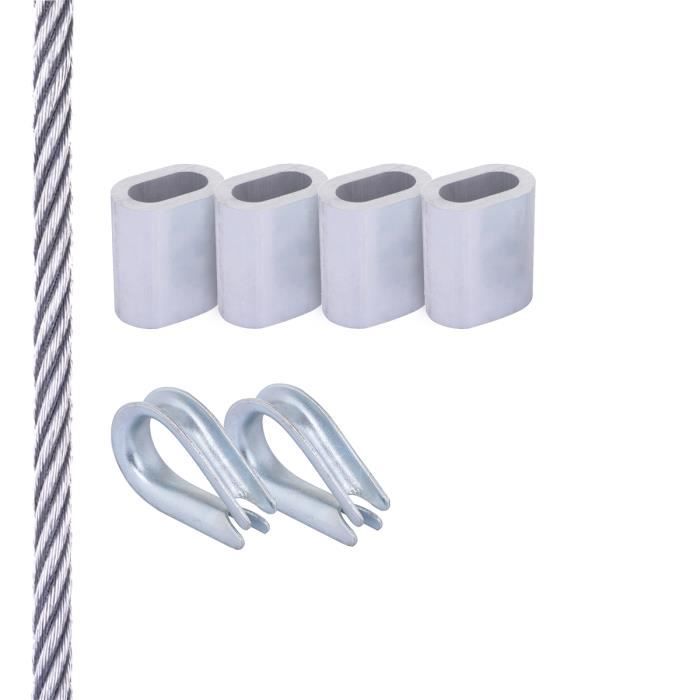 Corde à Linge Acier Galvanisé Gainé PVC - 40m X 4mm - 4 Manchons Serrage - Pour Linge, Rideaux, Jardin