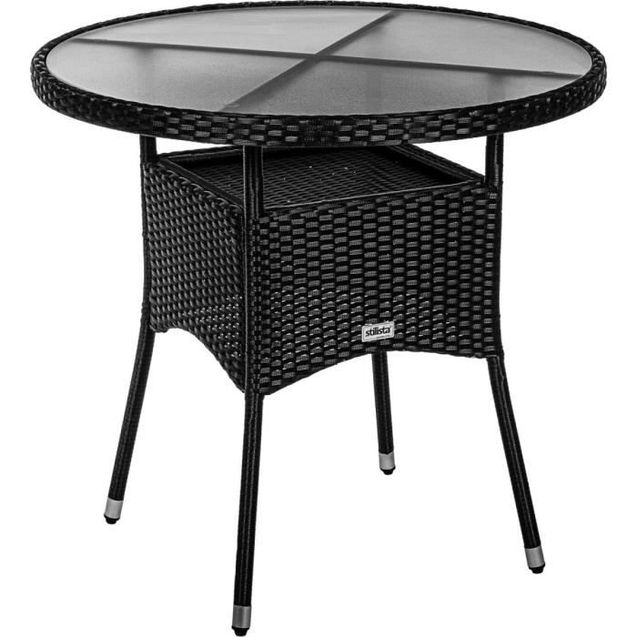 stilista® table d'appoint ronde verre au lait plateau de table poly rotin, choix de couleurs et de tailles, 80 cm noir