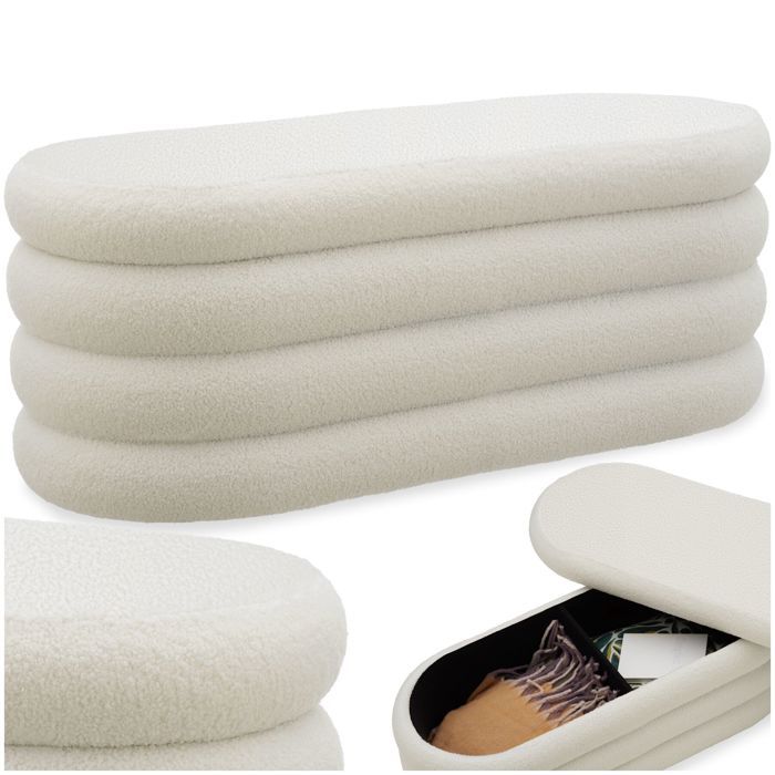 Banc rembourré - TECTAKE - Banquette rembourrée ALTU tissu bouclé doux au style scandinave avec rangement - Bouclé crème/ blanc