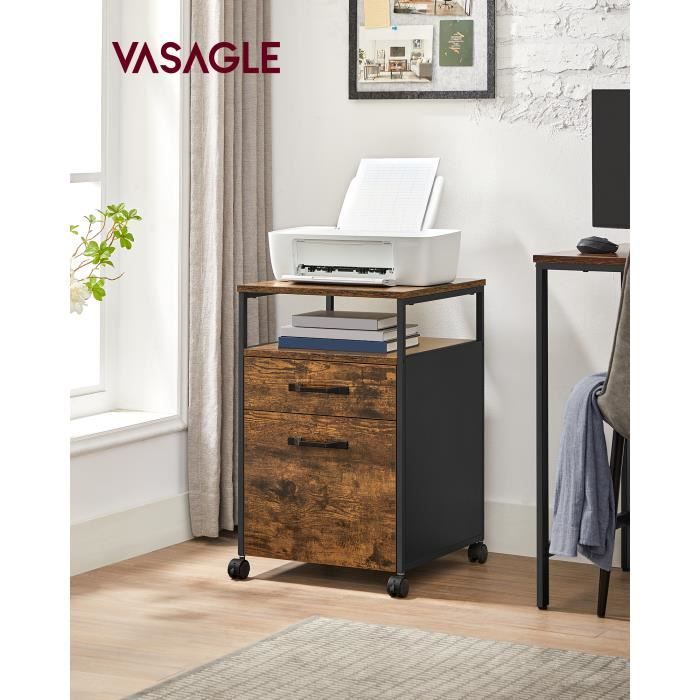 Caisson de Bureau 2 tiroirs VASAGLE - Style Industriel - Marron Rustique et Noir OFC71X