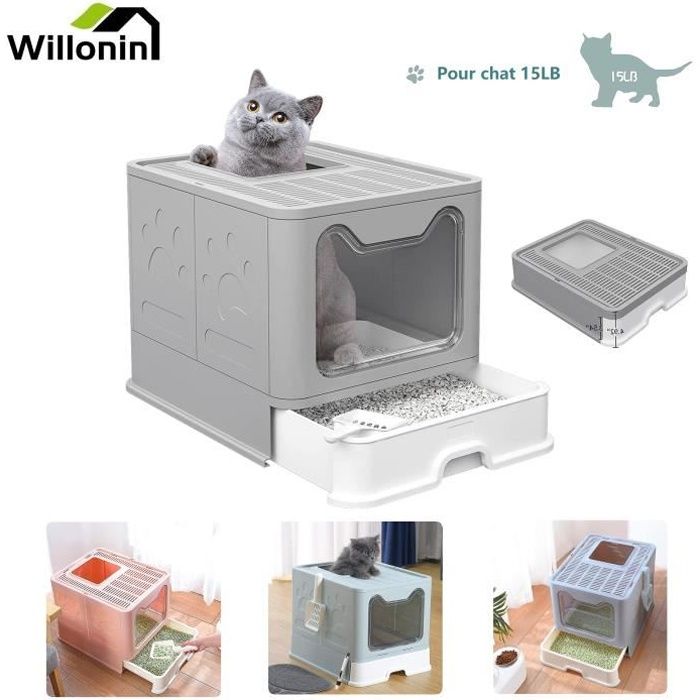 Comparer les prix de Willonin® Bac à Litière pliant pour chat, Bac Respirant avec pelle tiroir, Maison de Toilette Chat Anti Odeur, 51 x 41 x 38 cm Gris