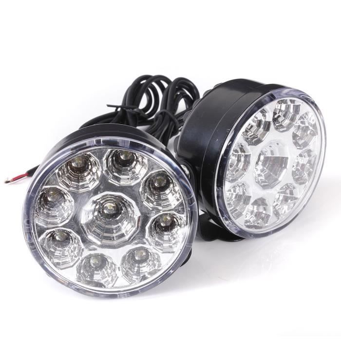 Lot de 2 feux de circulation diurnes COB 12 V CC 90 mm Forme ronde Feux de circulation diurnes LED Blanc