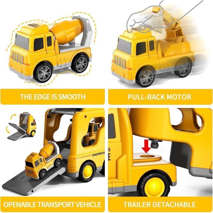 Aolso Camion Transporteur Voiture, Camion Jouet Enfant, 1-6 Ans Cadeau Anniversaire Jaune Véhicules Enfants, avec Musique & Lampe, 6 Mini Véhicules de Chantier, Jouets Grue (Jaune