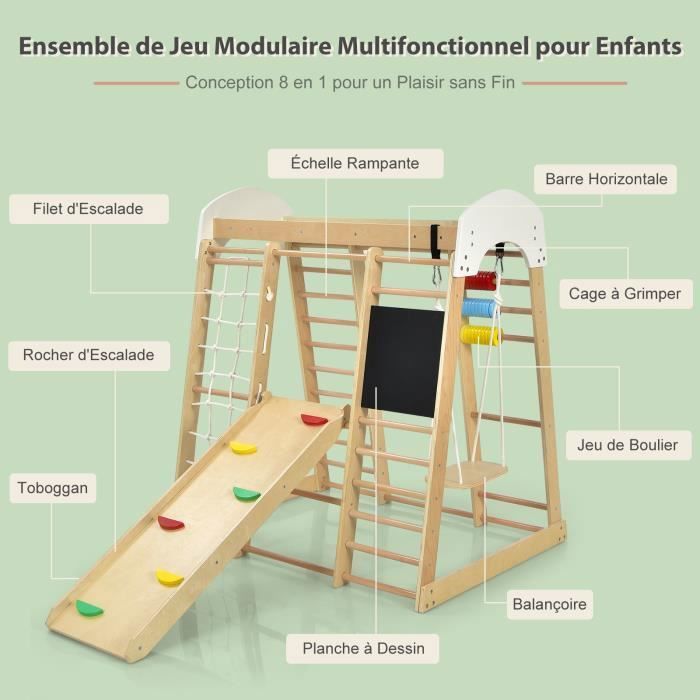 Cadre D'escalade Intérieur 5 En 1 – Triangle Avec Toboggan, échelle, Balançoire, Réglable, Pour Enfants Dès 3 Ans