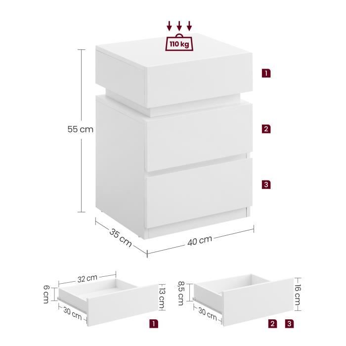 VIVOLILV Table de chevet - 3 tiroirs - Haute brillance - 45x35x52cm