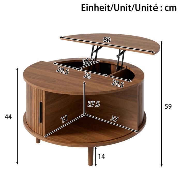 Table Basse Relevable Ronde Table Basse Ronde Relevable 80x80x59 cm Table de Salon Rangement ...