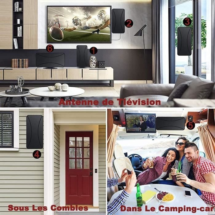 Antenne TV Intérieure/extérieure 39dbi - Portée 480km, Câble 10m, Amplificateur Double Mode