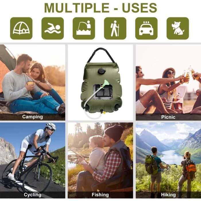 Sac De Douche Solaire 20L Pour Camping - PVC Anti-UV, Pommeau Et Tuyau Inclus, Chauffage En 3h