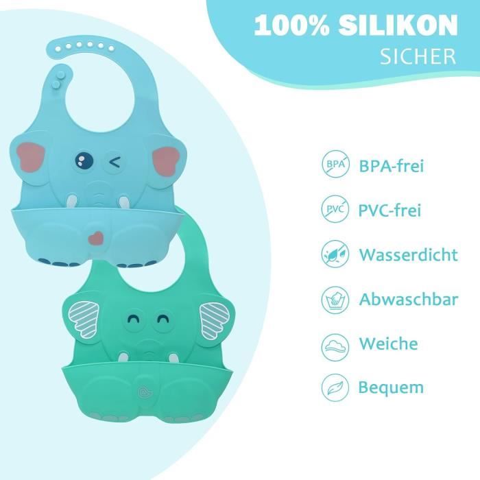 Bavoirs Bébé En Silicone Souple - 2 Pièces - Imperméables, Récupérateur De Miettes - Ajustables Et Lavables - Vert