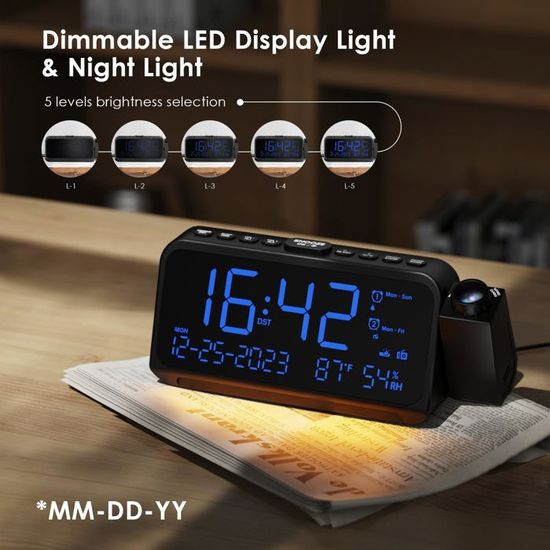 Radio Reveil 180° Projection Plafond Reveil Projecteur Plafond Avec Radio Fm Grand Led Ecran Affichage 1224h Port De Chargement Usb Double Reveils Luminosite Reglable 15 Niveaux De Volume 85584419