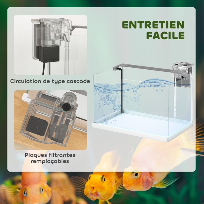 Aquarium - PawHut - avec lumières LED, pompe à filtre - en verre 20L - pour poissons rouges, poissons combattants - blanc - Animalerie