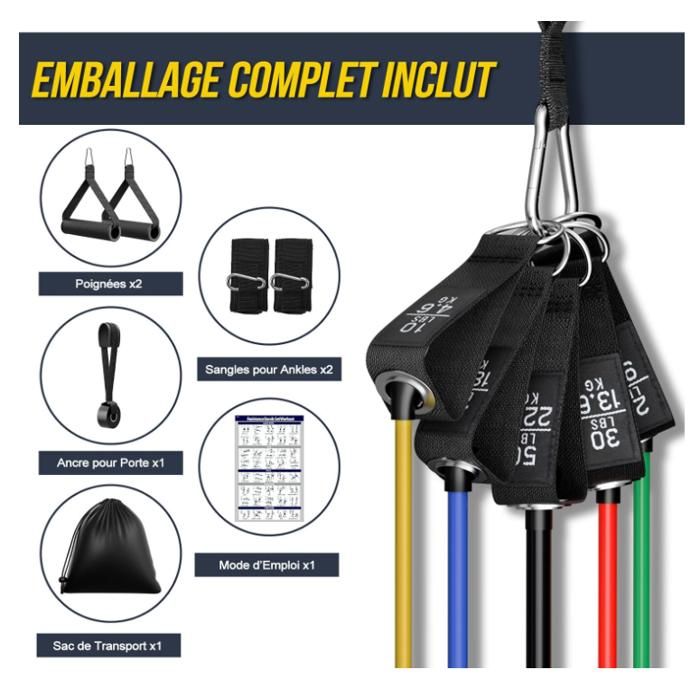 Kit D'élastiques De Musculation Dalephoric – 5 Niveaux (10-50 Lbs), Poignées, Sangles Cheville, Ancrage Porte, Pour Fitness, Pilates, Rééducation