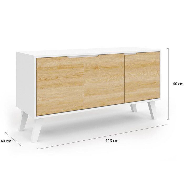 Buffet ELIGHT 110 Cm 3 Portes Avec LED Multicolores – Blanc & Bois Hêtre Moderne Rangement Salon