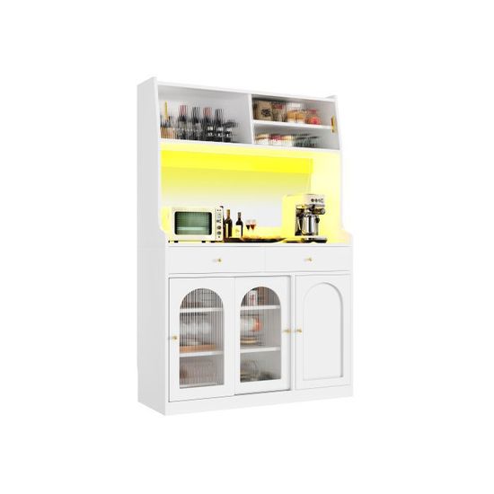 Buffet De Rangement Cuisine/Salle à Manger 120x35x167 Cm – Portes Coulissantes Vitrées, Éclairage LED Pilotable, Étagères Réglables – Blanc - 6