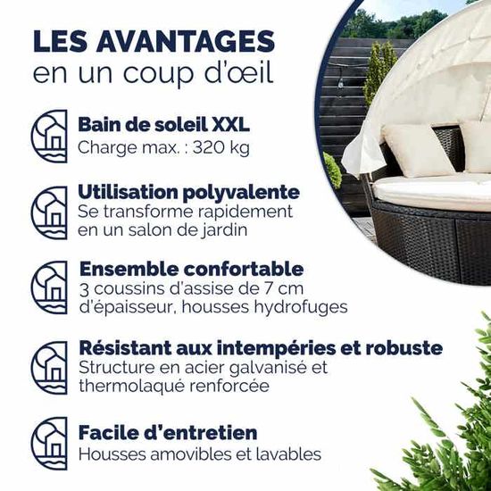 Chaise Longue XL CASARIA 2 Places - Polyrotin Noir Crème - Transat Extérieur Réglable