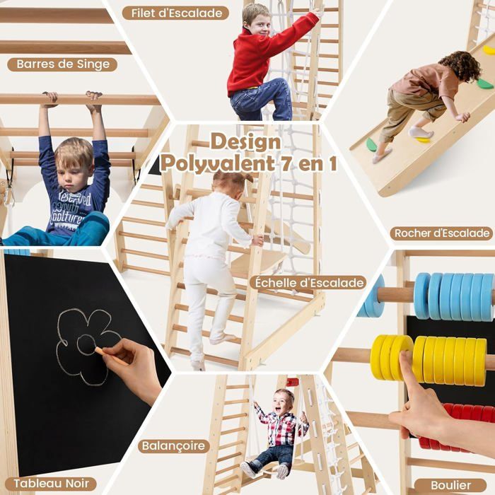 Aire de jeux 8 en 1, toboggan, balançoire, escalier, filet d'escalade, anneaux, mur d'escalade, Bois, enfant toboggan pour l'intérieur et l'extérieur - Marron