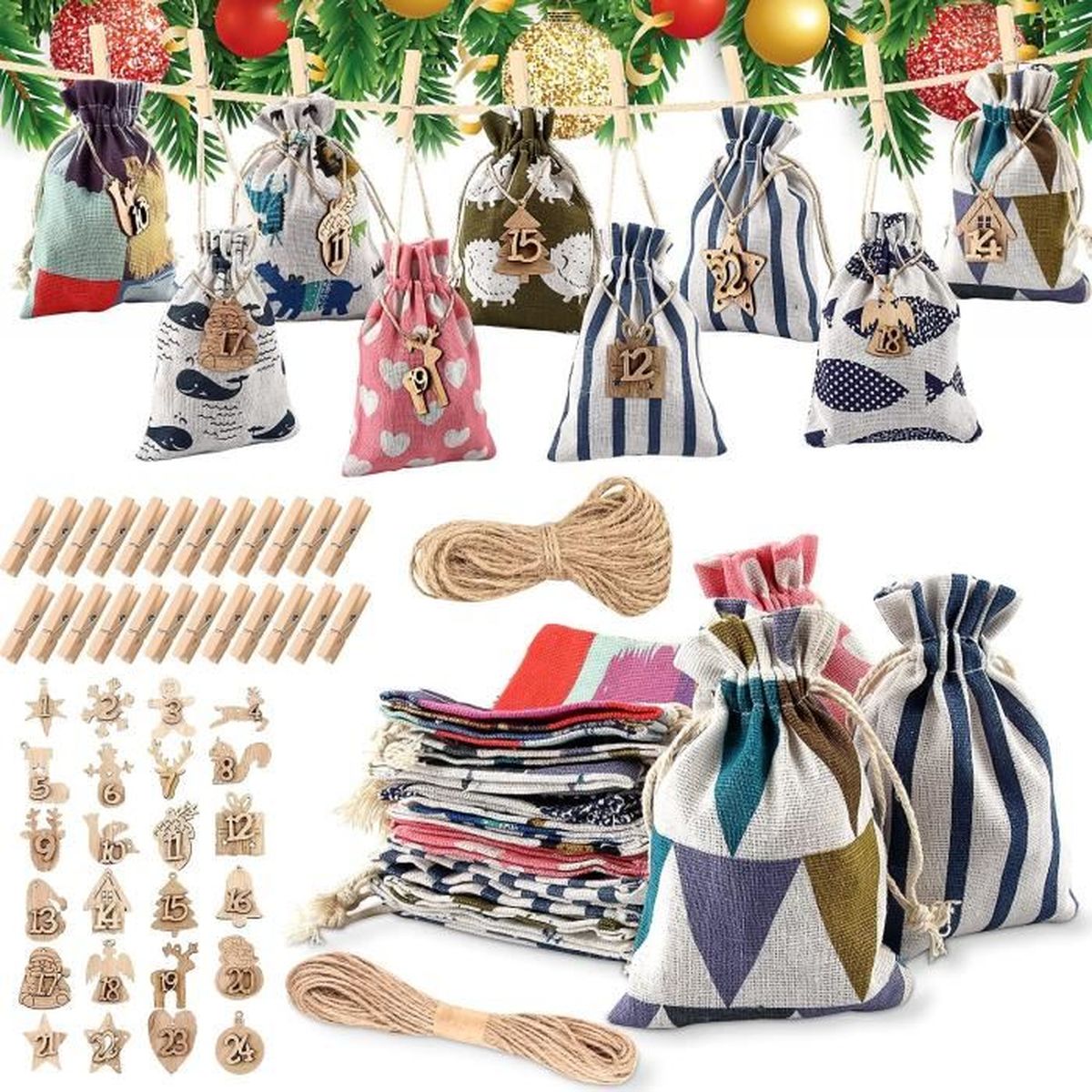 Calendrier de l'Avent à remplir 2021, 24 sachets en papier kraft pour
