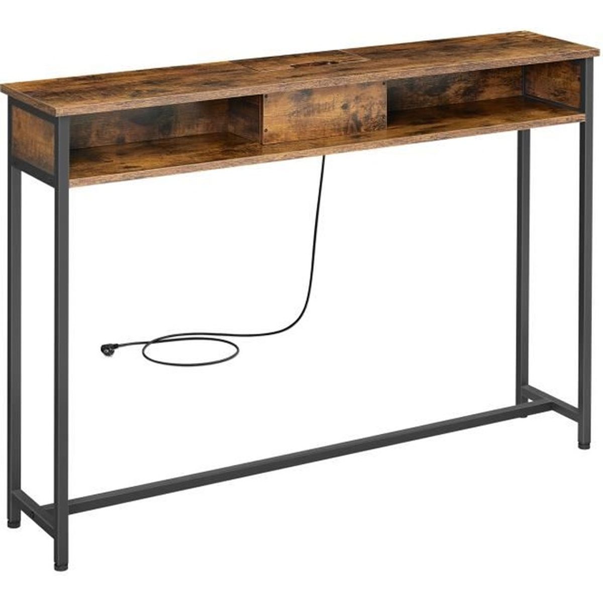 Console Meuble HOOBRO Avec Multiprise USB | 180x15x80cm | Marron Rustique & Noir | Rangement Canapé