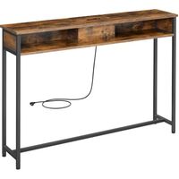 Table Console Fine avec Multiprise, Chargement Caché, Gain de Place, 25 x 120 x 81,1 cm, Marron Rustique et Noir d’Encre