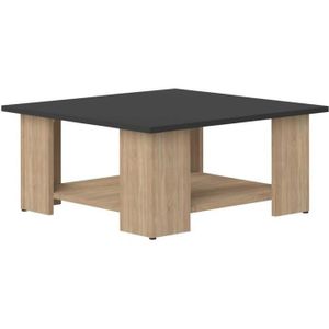 TABLE BASSE Table basse carrée Sames, réalisée en panneaux de particules mélaminés, dans une combinaison de chêne et de noir.