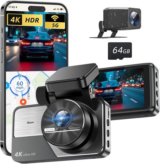 Dashcam Voiture 3 Canaux 4K+1080P+1080P - Caméra Avant, Intérieure Et Arrière - WiFi, GPS, Vision Nocturne - Carte SD 64G Incluse