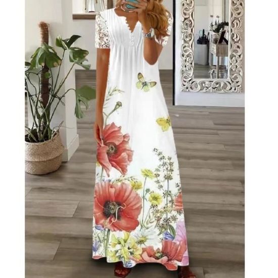 Robe Longue Femme Manches Longues Imprimé Floral - Style Boho Chic - Col V - Polyester - Printemps/Été