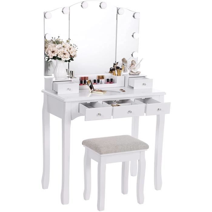 Coiffeuse Table Maquillage ANWBROAD Avec Miroir LED 10 Ampoules + Tabouret - 5 Tiroirs Blanc