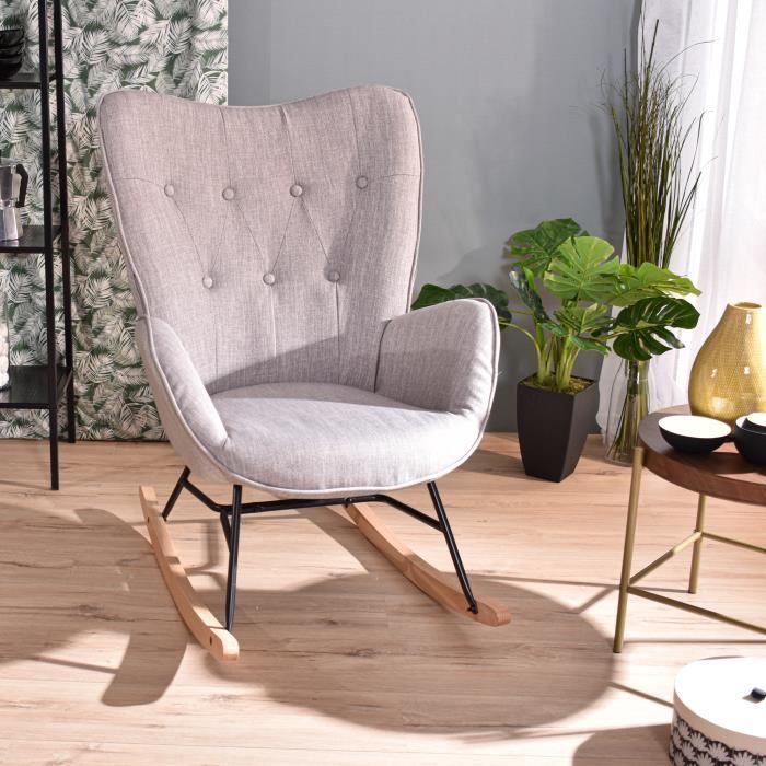 Lot de 1 Fauteuil à Bascule Chaise Loisir et Repos Tissus Gris pour le Salon Salle à Manger Pieds e' Bois Métal 71x85x97 cm
