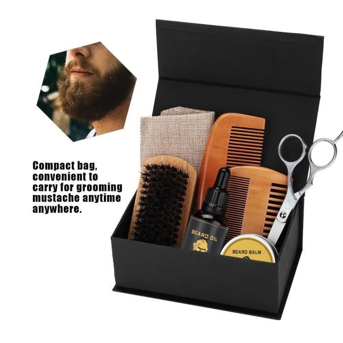 Kit Soin de Barbe pour Homme 7pcs Pinceau Moustache+Baume Barbe+Huile+Peigne+Sac HB015 -Rentable
