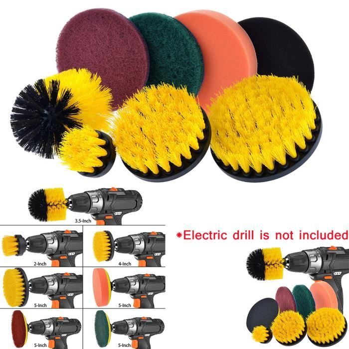 Jeu de brosses pour perceuse électrique 8 jeux (4 jeux de disque de brosse pour perceuse électrique jaune 1 éponge à modeler orange