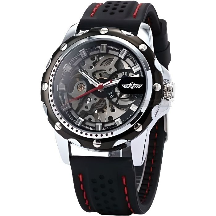 Montre homme automatique type sportif-mécanisme visible hublot-Bracelet silicone